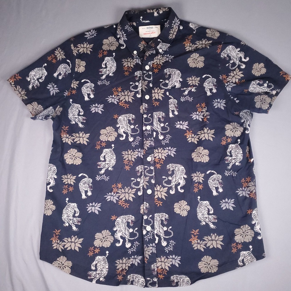 Urban Pipeline Button Down Shirt Mens XL Navy Blue White Tiger Tropical Floral